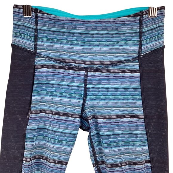 Lululemon Womens Stop At Nothing Crop Stripe Leggings Size 4 Blue‎ & Black Mesh - Picture 2 of 8